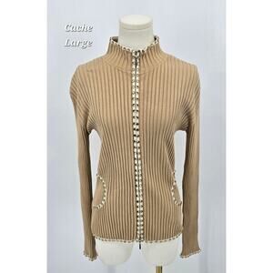 Vintage Y2K Cache Ribbed Silk-Blend Zip Cardigan – Camel Jeweled Trim | Size L